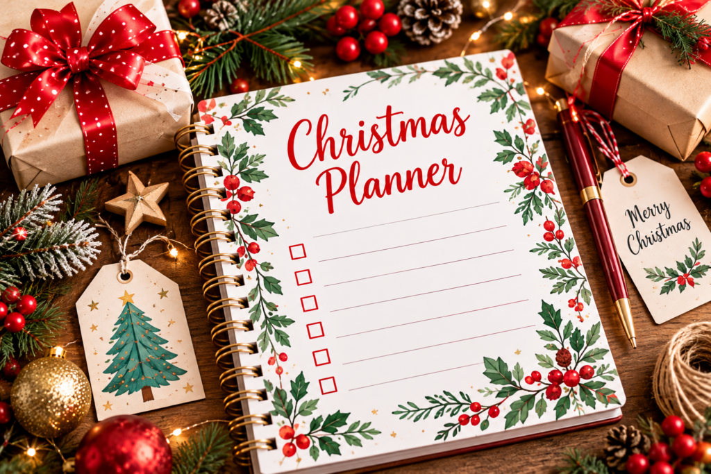 christmas planner holiday flat lay