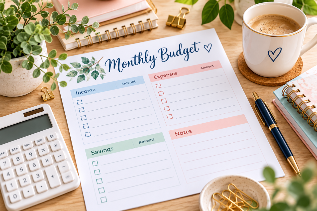 cozy monthly budget workspace