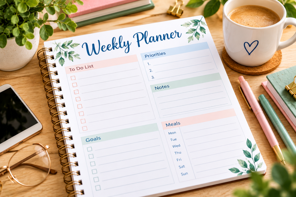 cozy weekly planner workspace