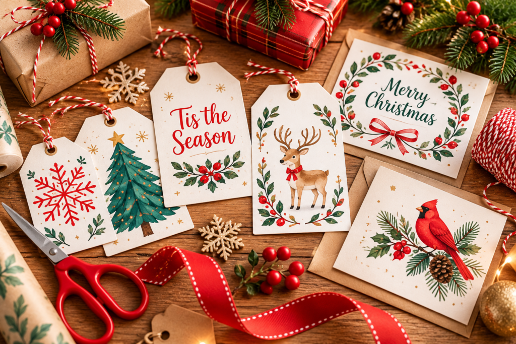 festive christmas gift wrapping craft table